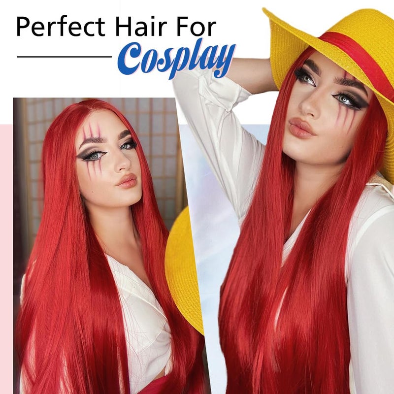 WIGER Red Wigs For Women Long Straight Red Hair Wig Middle Part Synthetic Colored Mermaid Cosplay Wig No Lace Nature Looking Girls Red Costume Full Wigs - Image 5